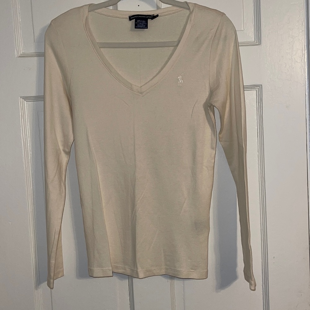 Cream w White Polo horse, long sleeve V-neck NWOT